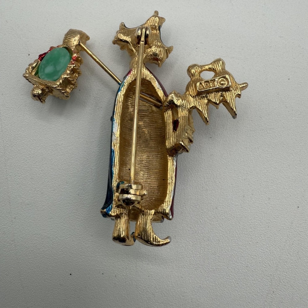 Vintage ART Figural Brooch Asian Lady Enamel Pearl Owl Lantern Pin Costume - Picture 2 of 6